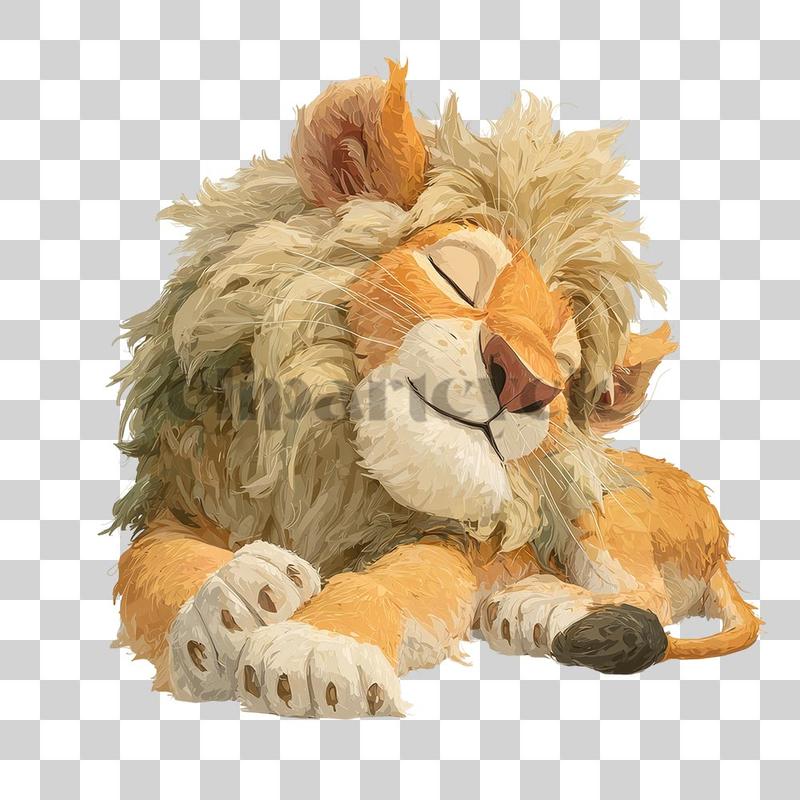 Cute cartoon lion sleeping with eyes closed and tail curled