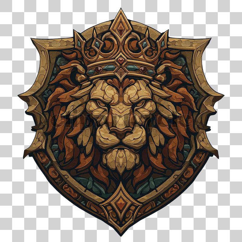 Lion head in shield emblem with golden crown