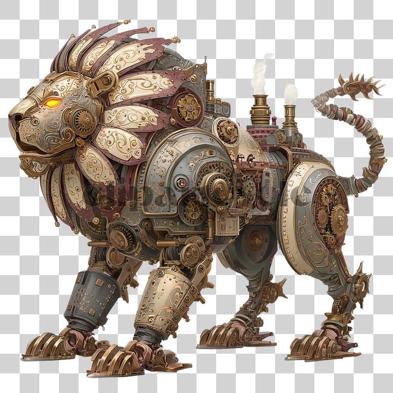 Steampunk-style mechanical lion with gears, brass plates, and glowing eyes