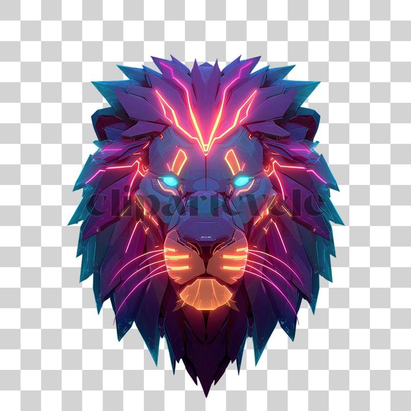Futuristic neon-glowing cyberpunk lion head with vibrant colors