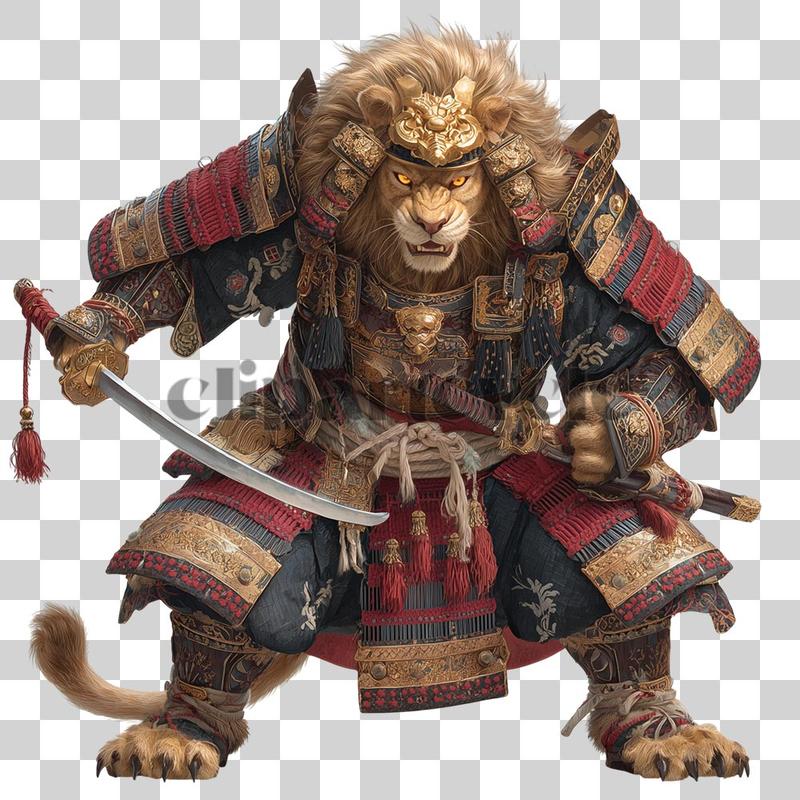 Fierce lion in red and black samurai armor holding a katana