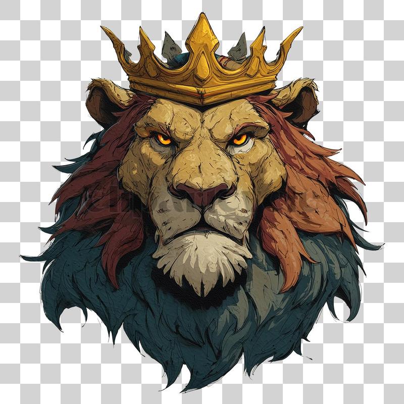 Cartoon lion head with golden crown and regal expression