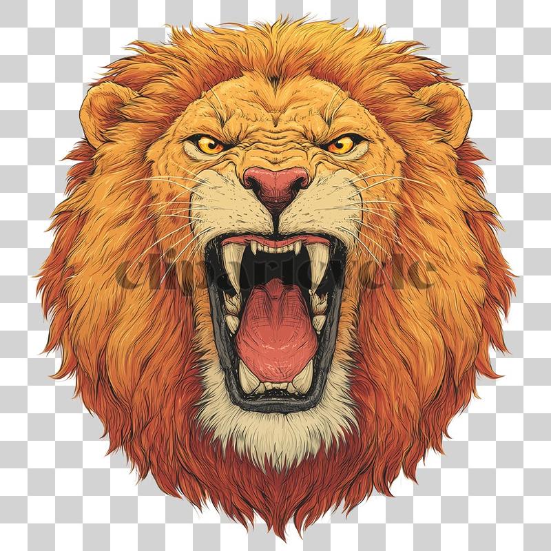 Detailed roaring lion head with fluffy mane and open mouth