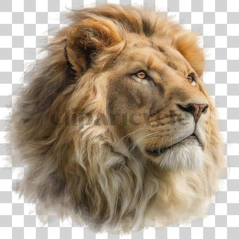 Realistic lion head with golden mane and deep amber eyes