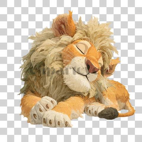 Cute cartoon lion sleeping with eyes closed and tail curled