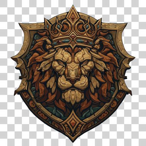 Lion head in shield emblem with golden crown