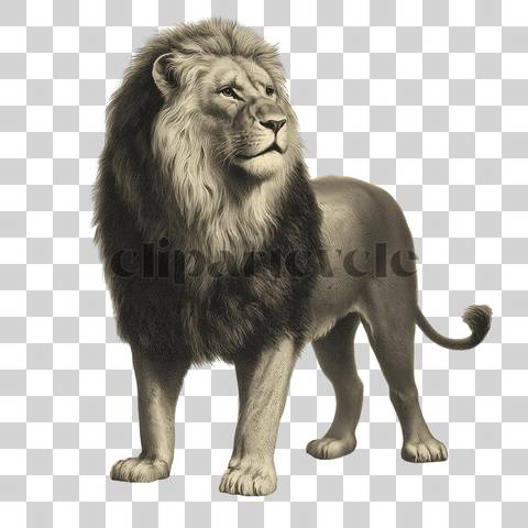 Vintage engraving-style lion standing with detailed mane and shading
