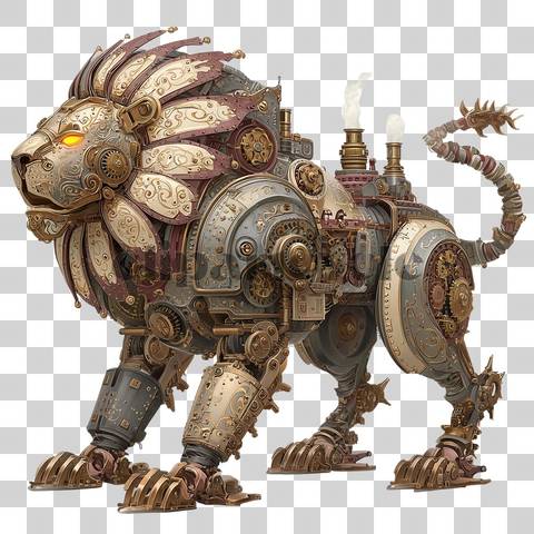Steampunk-style mechanical lion with gears, brass plates, and glowing eyes