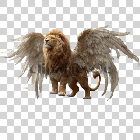 Majestic lion with large golden-white feathered wings standing proudly