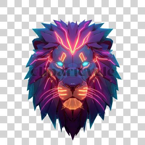 Futuristic neon-glowing cyberpunk lion head with vibrant colors