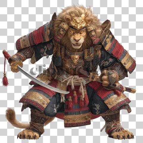 Fierce lion in red and black samurai armor holding a katana