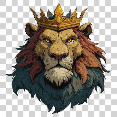 Cartoon lion head with golden crown and regal expression