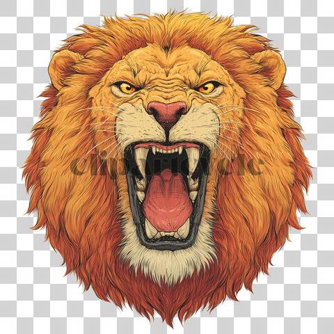 Detailed roaring lion head with fluffy mane and open mouth