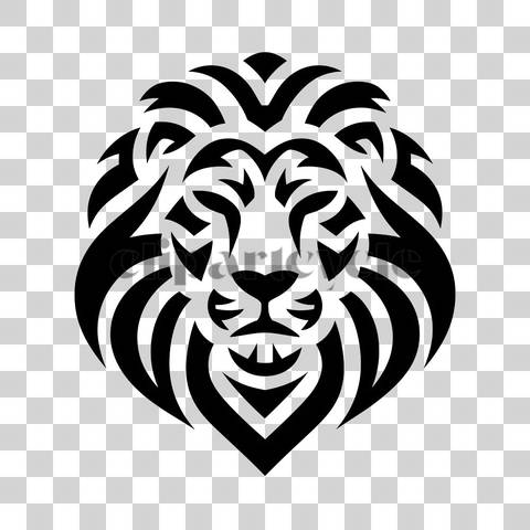 Tribal-style lion head with abstract black line design