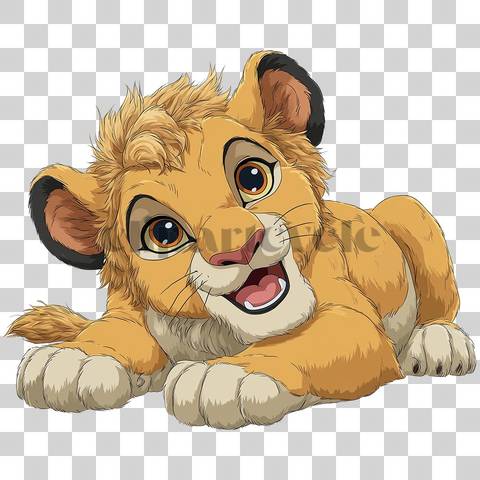 Playful cartoon lion cub lying on belly with smiling face